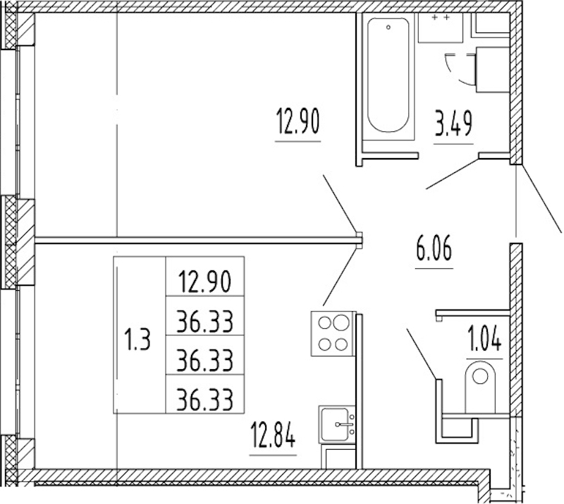 1-комнатная квартира 36.33 м², 1/11 эт., ЖК «Полис Приморский 2»